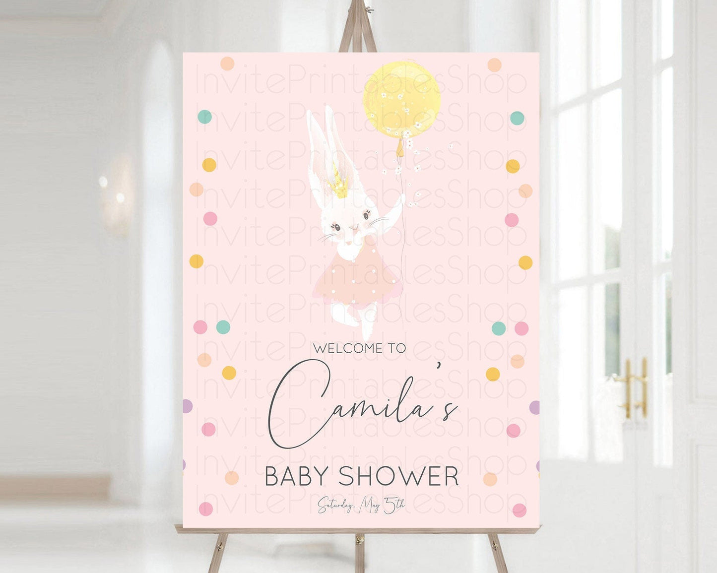 Bunny Baby Shower Welcome Sign Bunny Balloon Welcome Board Colorful Pastel Confetti Bunny Welcome Poster Sprinkles Baby Welcome Sign D10219