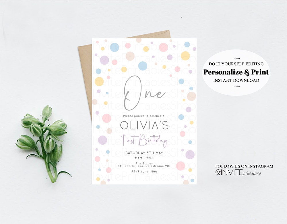 Pastel Confetti Birthday Invitation Colorful Rainbow Bubbles Sprinkles Fun Polka Dots Blue Purple Pink Yellow Invite Template