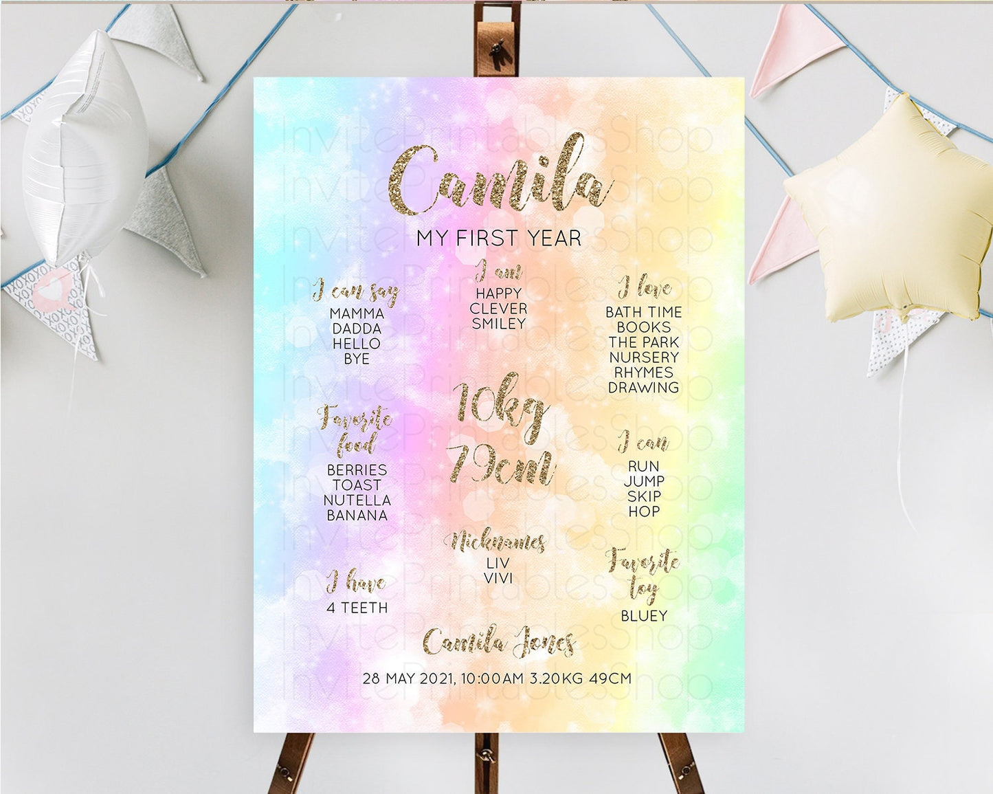Pastel First Birthday Milestone Board Pastel Rainbow Milestone Poster Colorful Confetti Watercolor Glitter 1st Birthday Welcome Sign D10648