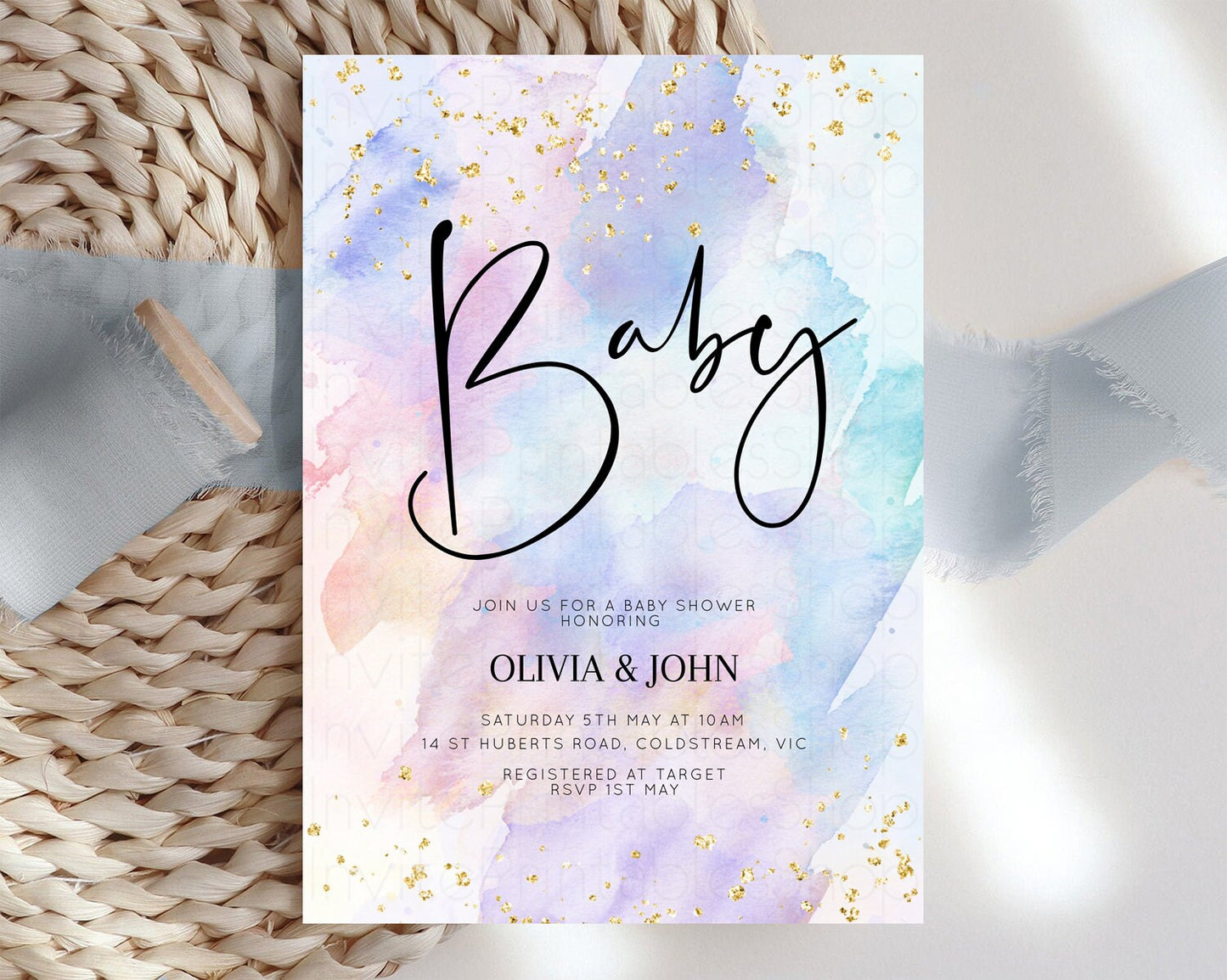 Rainbow Baby Shower Invitation Watercolor Pastel Invitation Colorful Splash Baby Invite Gold Glitter Sprinkles Ombre Gender Reveal t576