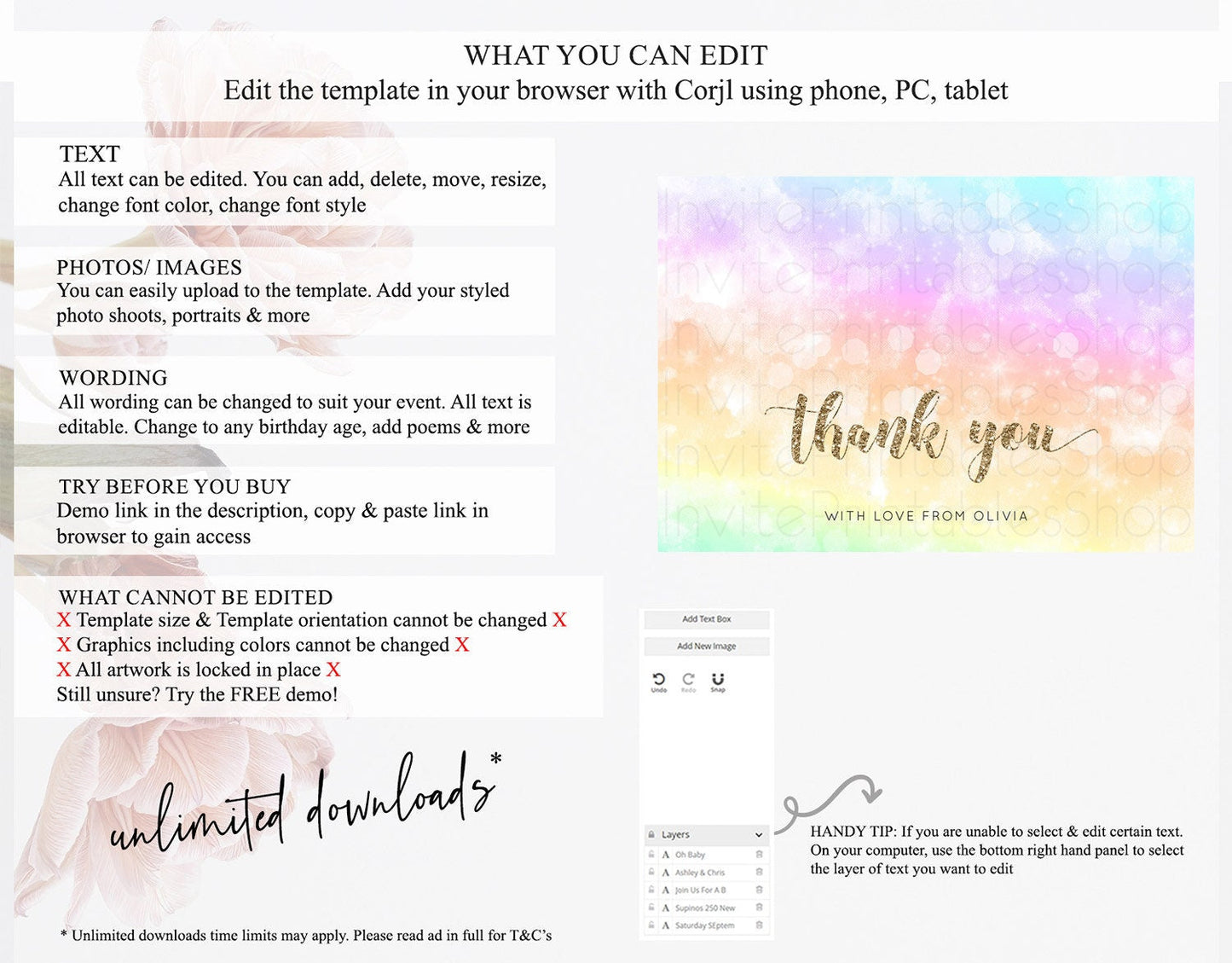 Pastel Thank You Rainbow Thank You Card Colorful Pastel Birthday Thank You Card Confetti Watercolor Pastel Teacher Thank You Cards D10648