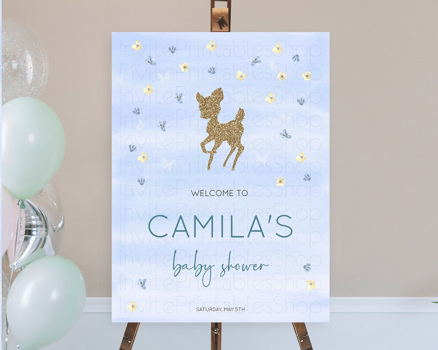 Fawn Baby Shower Welcome Sign Deer Welcome Board Floral Deer Welcome Poster Enchanted Forest Butterfly Pastel Floral Welcome Sign D10863