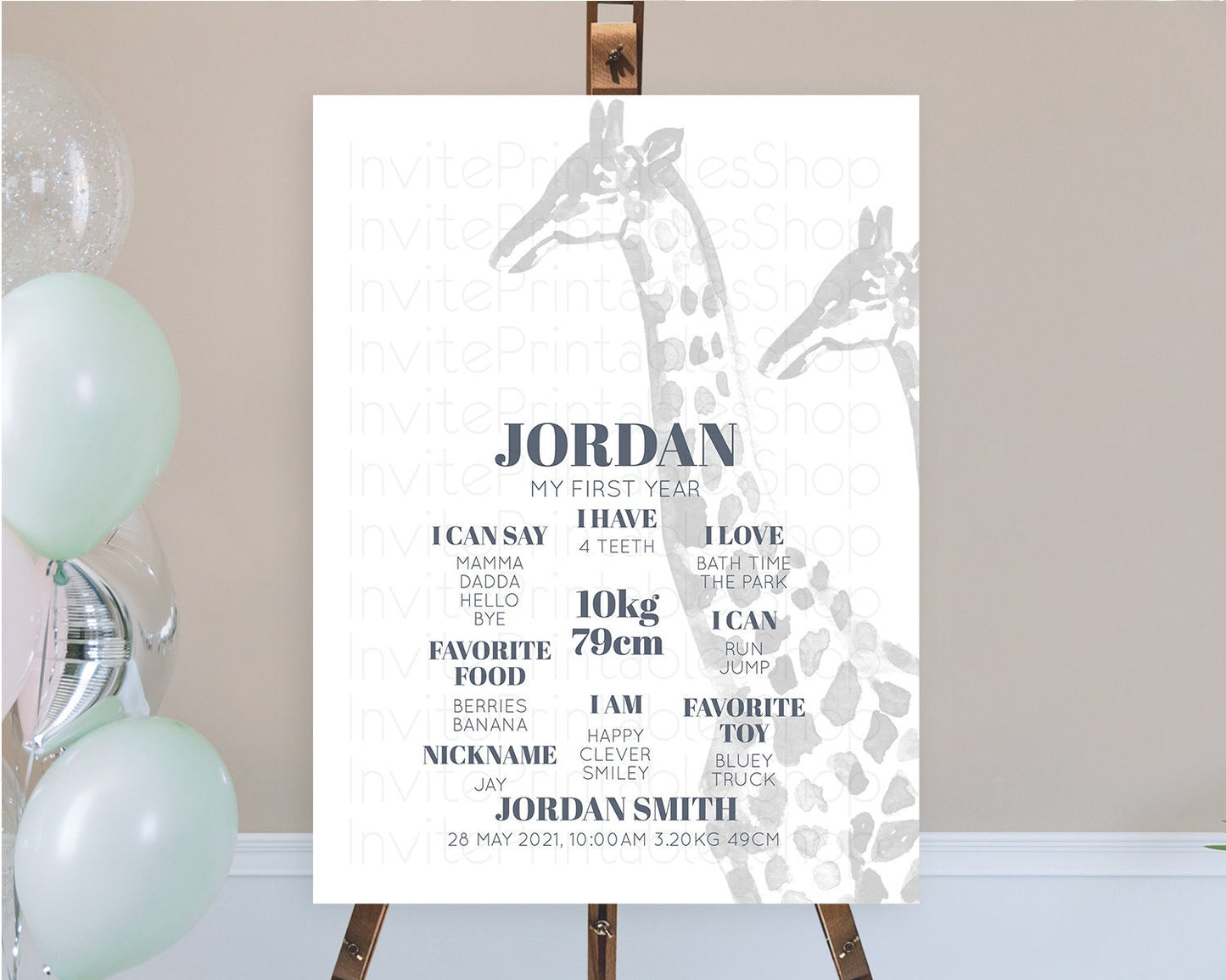 Editable Giraffe First Birthday Milestone Board Giraffe Milestone Poster Gir