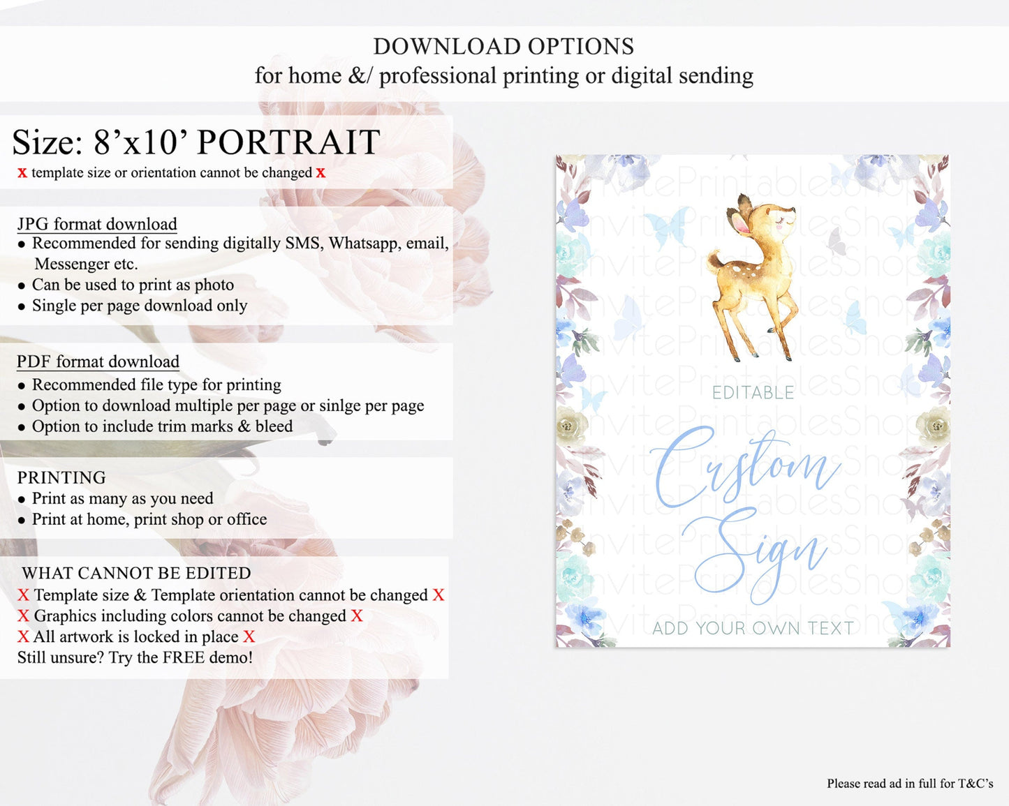 Fawn Deer Sign Pastel Floral Deer Table Sign Decor Enchanted Forest Butterfly Party 1st Birthday Baptism Baby Shower Bridal Shower D10960