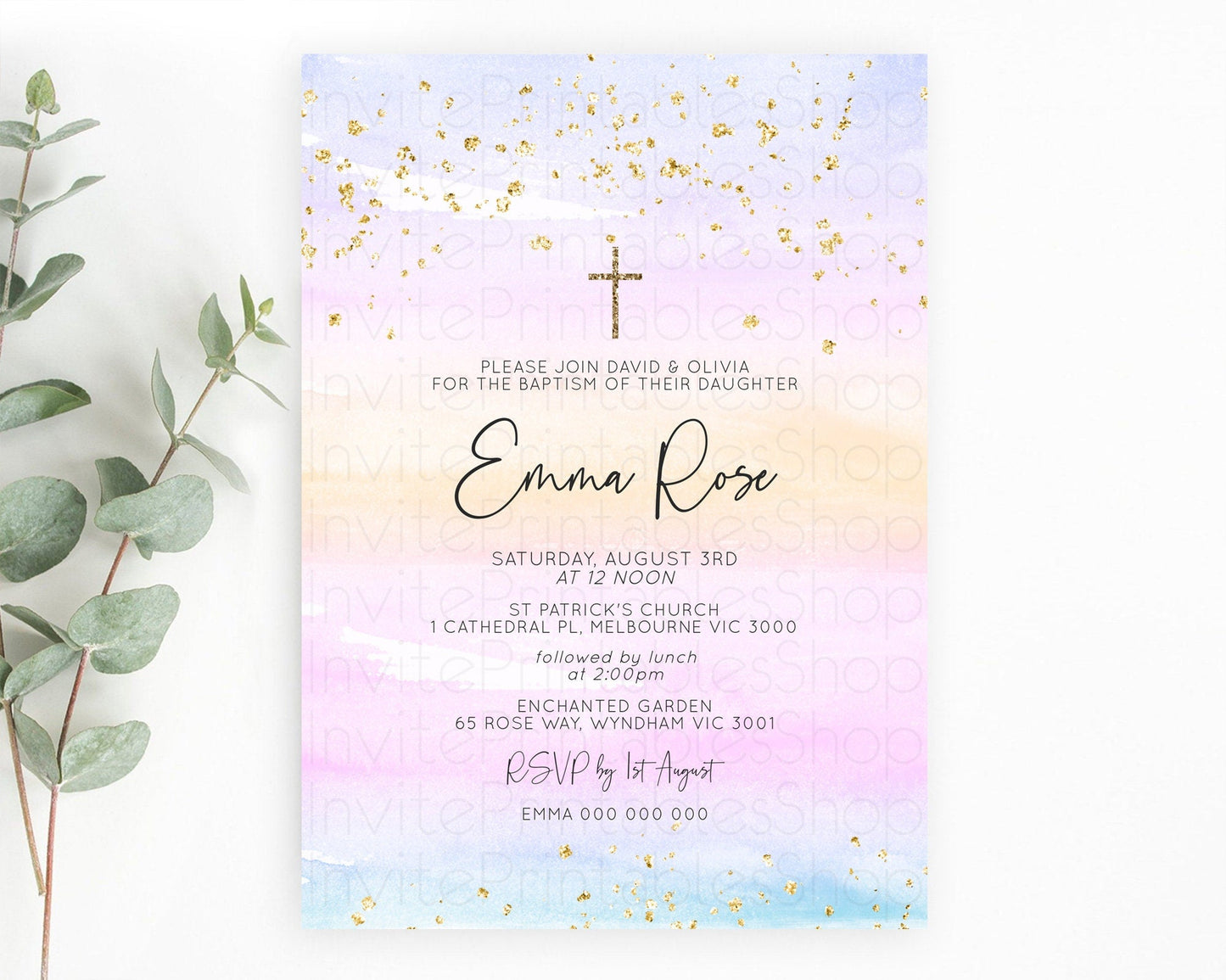 Pastel Baptism Invitation Pastel Colors Watercolor Baptism 1st Birthday Party Gold Ombre Pastel Rainbow Christening Holy Communion D10594