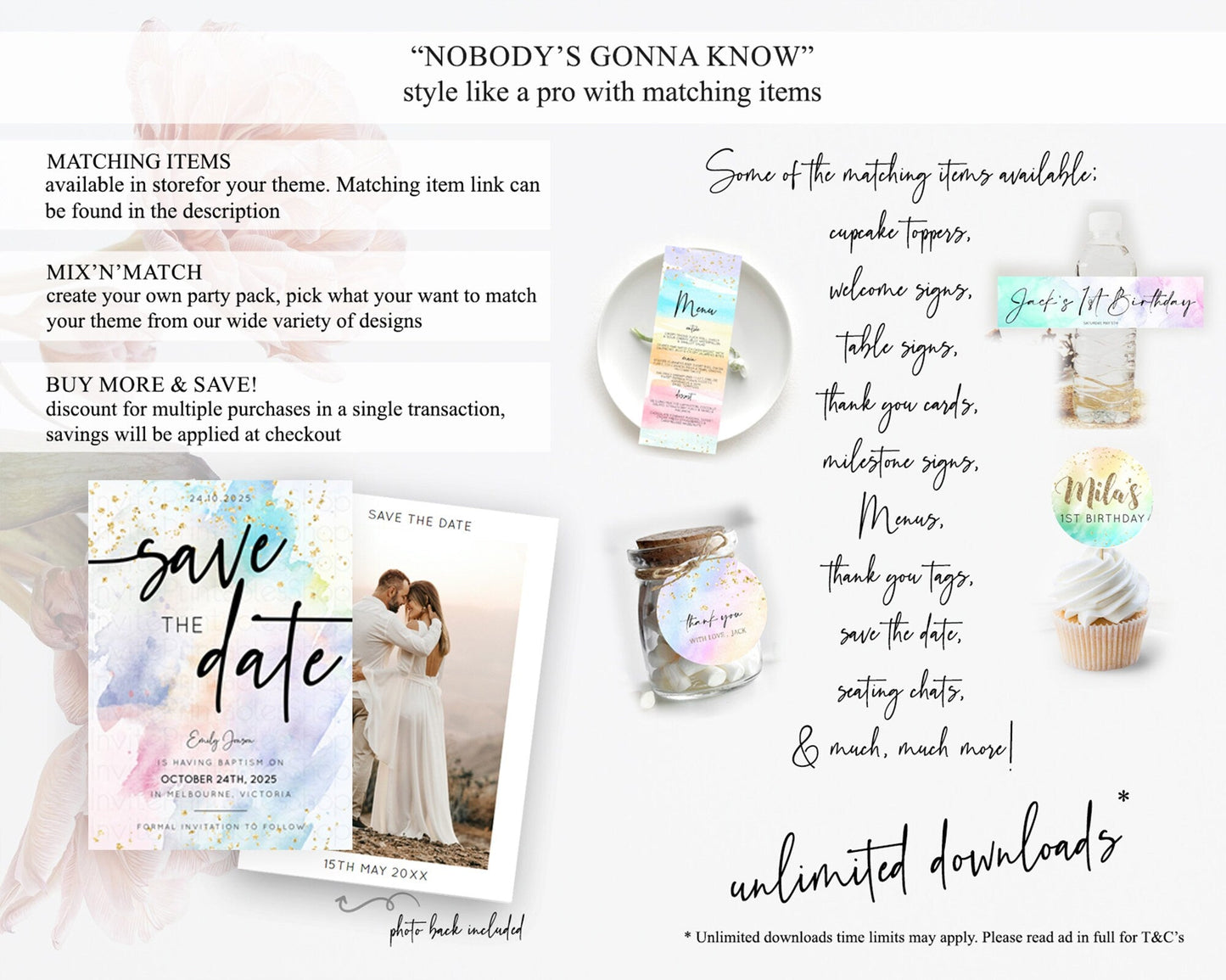 Pastel Save The Date Template Pastel Ombre Rainbow Watercolor Colorful Party For Birthday Baptism Baby Shower Wedding Bridal Shower D10424