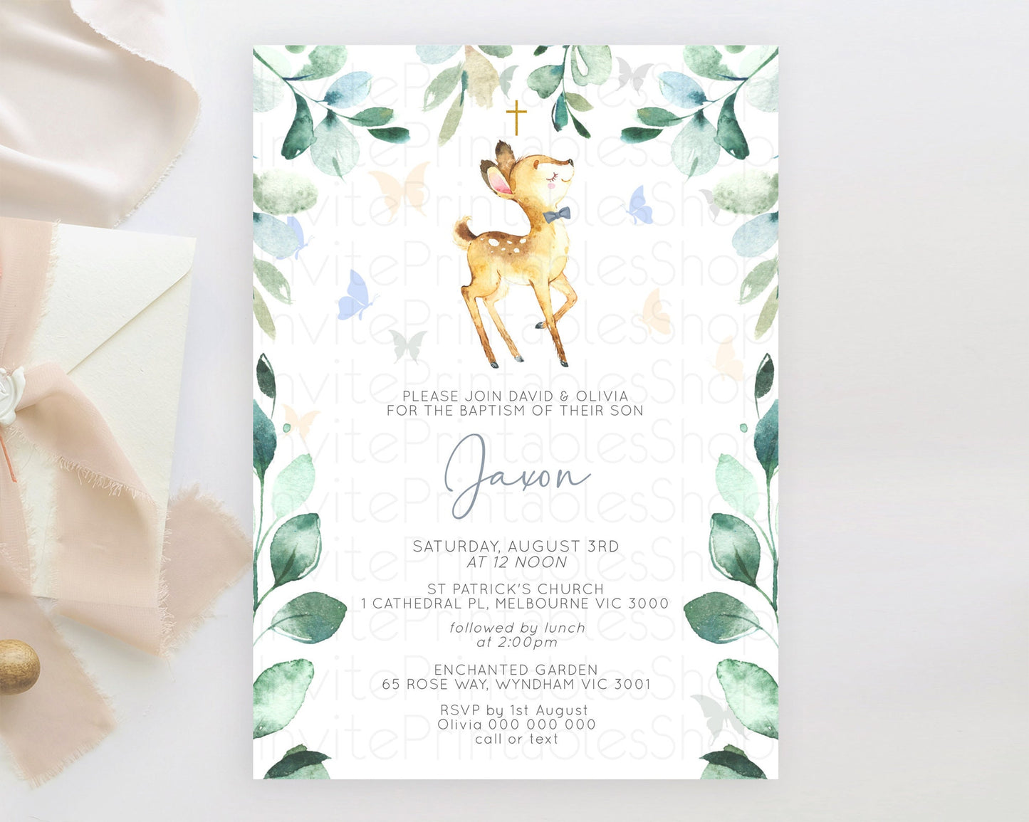 Fawn Baptism Invitation Deer Baptism 1st Birthday Invitation Enchanted Forest Christening Invitation Pastel Garden Butterfly Floral D10767