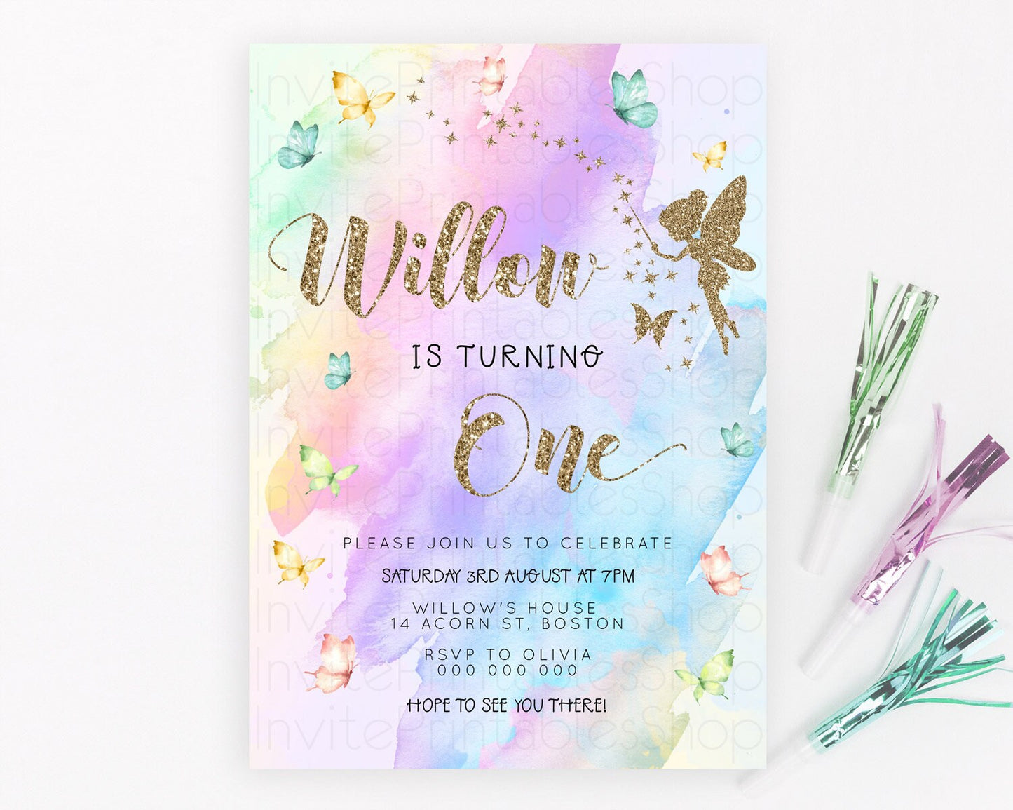 Pastel Fairy Birthday Invitation Pastel Butterflies Fairy Birthday Invitation Rainbow Ombre Watercolor 1st 2nd Birthday Invitation D23342