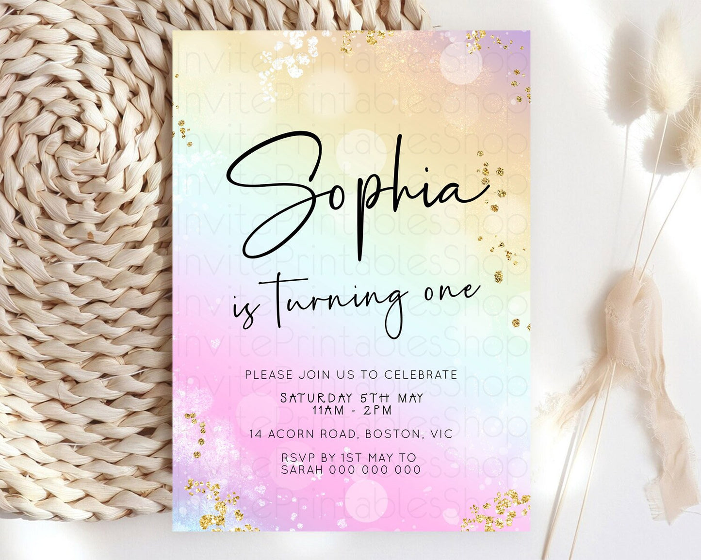 Pastel Birthday Invitation Ombre Watercolor Birthday Invitation Glitter Rainbow Color Splash 1st 2nd 3rd Birthday Invitation D23102