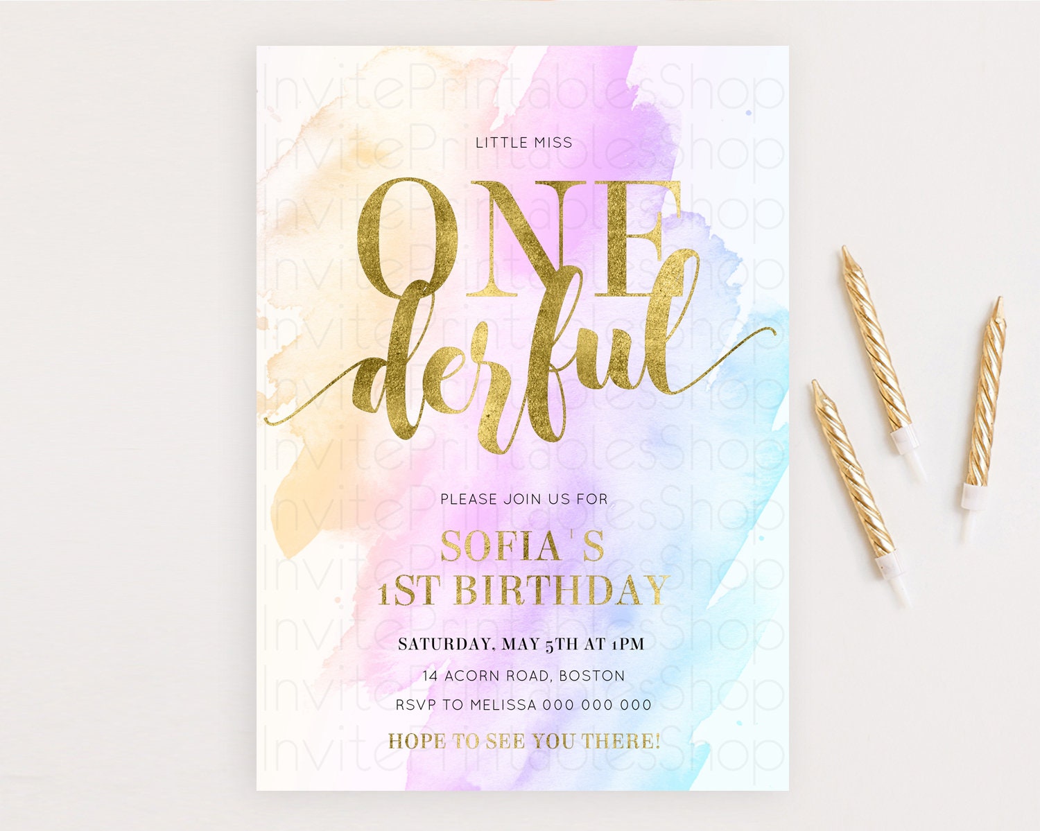 Editable ONEderful Rainbow Birthday Invitation Colorful Pastel Watercolor In