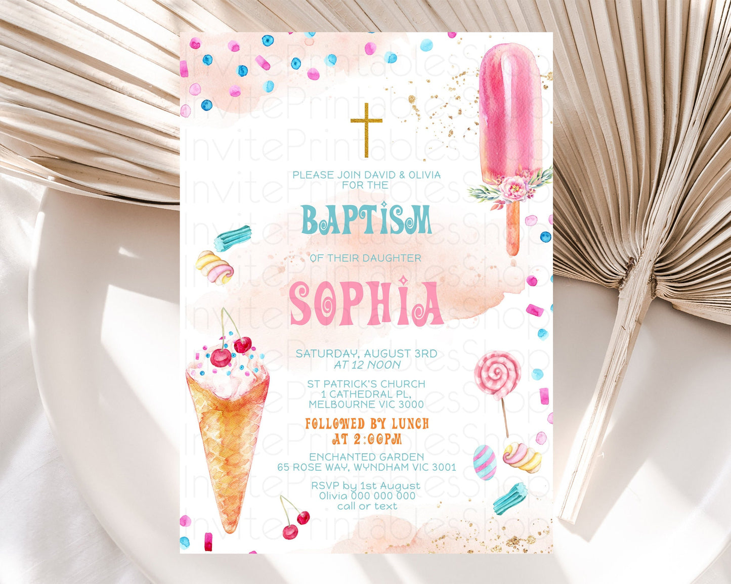 Ice Cream Baptism Invitation Sweet One 1st Birthday Baptism Invitation Pastel Heres The Scoop Christening Invite Two Sweet One Theme D10554