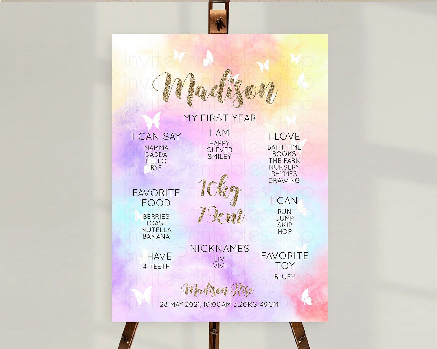 Pastel First Birthday Milestone Board Pastel Rainbow Milestone Poster Colorful Confetti Watercolor Glitter 1st Birthday Welcome Sign D10435