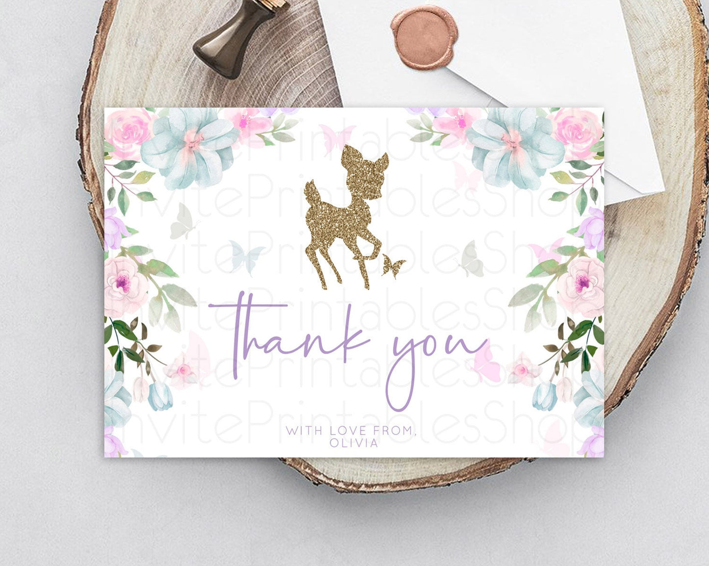 Fawn Thank You Deer Thank You Card Pastel Floral Deer Birthday Thank You Card Enchanted Forest Butterfly Deer Teacher Thank You Card D10476