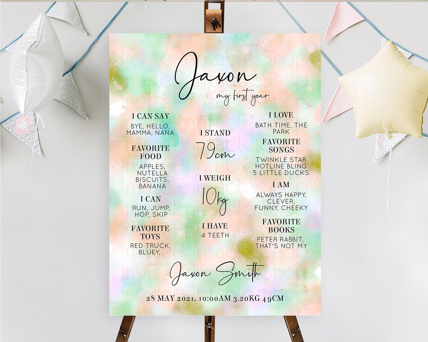 Pastel First Birthday Milestone Board Pastel Rainbow Milestone Poster Colorful Confetti Watercolor Glitter 1st Birthday Welcome Sign D10693
