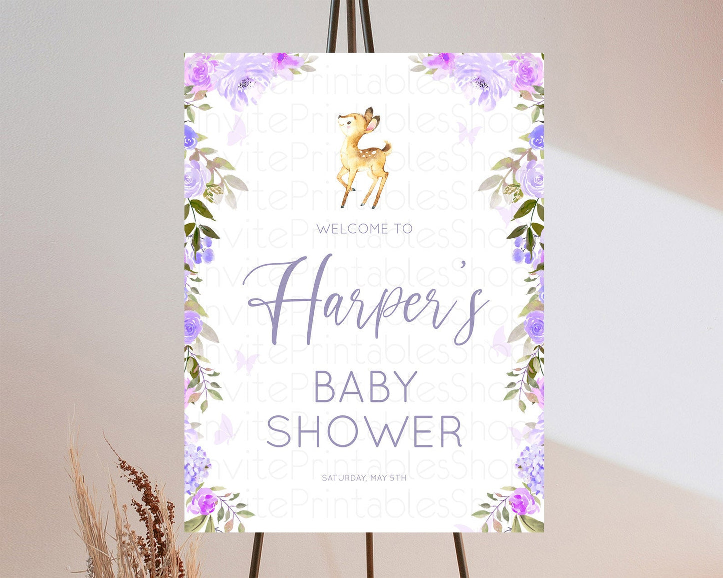 Fawn Baby Shower Welcome Sign Deer Welcome Board Floral Deer Welcome Poster Enchanted Forest Butterfly Pastel Floral Welcome Sign D10916