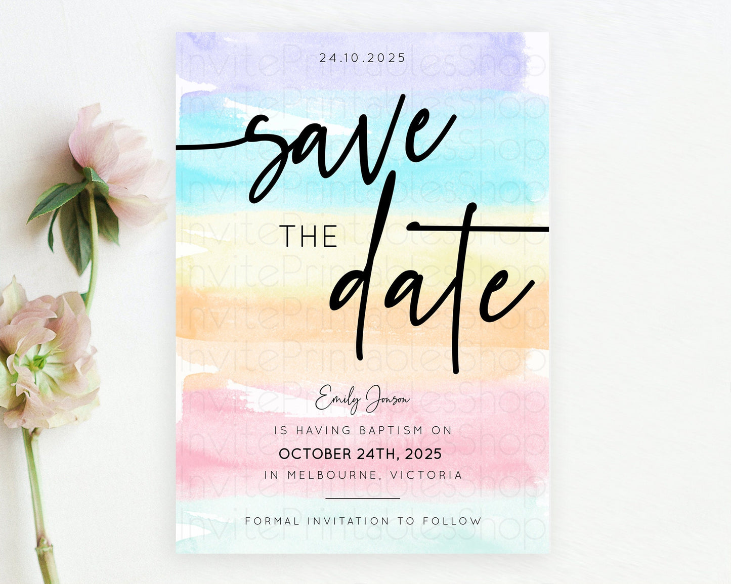 Pastel Save The Date Template Pastel Ombre Rainbow Watercolor Colorful Party For Birthday Baptism Baby Shower Wedding Bridal Shower D10505