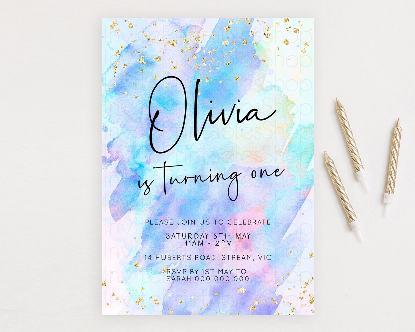 Pastel Birthday Invitation Ombre Watercolor Birthday Invitation Glitter Rainbow Color Splash 1st 2nd 3rd Birthday Invitation D23061