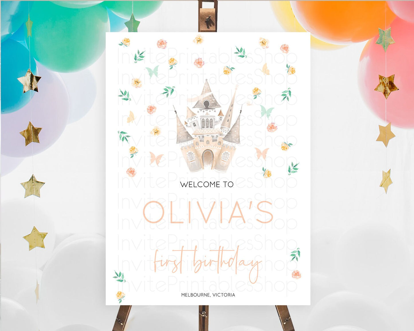 Princess Birthday Welcome Sign Castle Welcome Board Secret Garden Enchanted Castle Pastel Floral Garden First Birthday Welcome Sign D10363