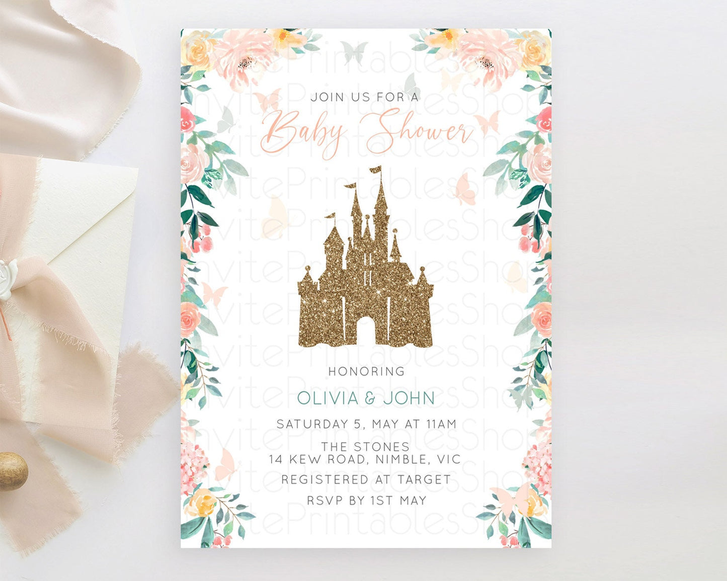 Princess Baby Shower Invitation, Enchanted Castle, Fairy Garden, Pastel Green, Orange, Pink Floral, Butterflies - Glitter Pixie Magic D10925