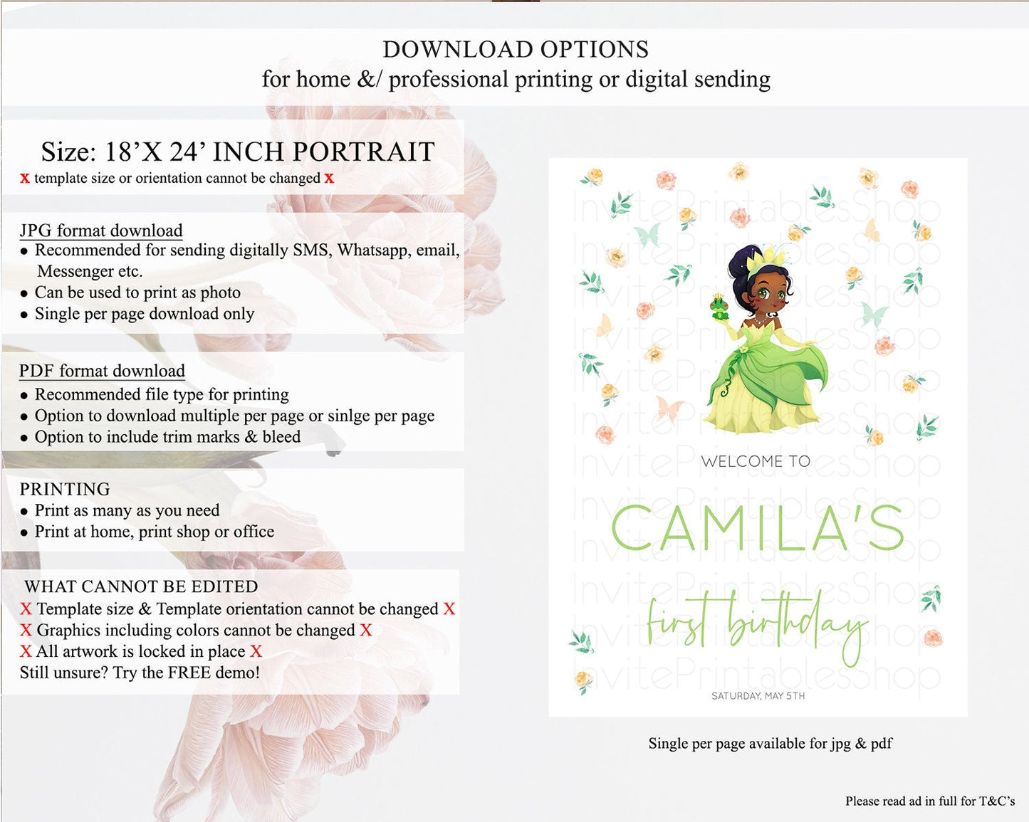 Princess Birthday Welcome Sign Castle Welcome Board Secret Garden Enchanted Castle Pastel Floral Garden First Birthday Welcome Sign D10358