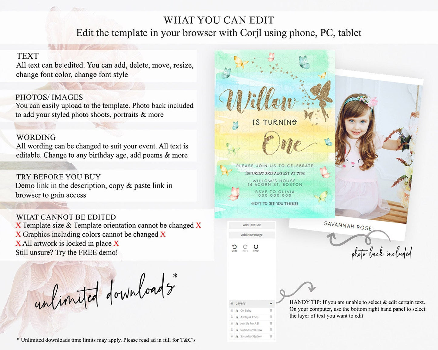 Pastel Fairy Birthday Invitation Pastel Butterflies Fairy Birthday Invitation Rainbow Ombre Watercolor 1st 2nd Birthday Invitation D23316
