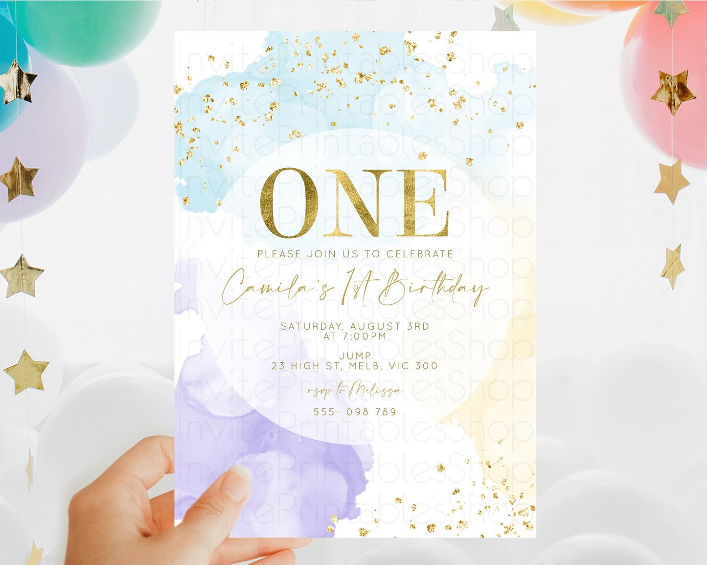 Rainbow Birthday Invitation Colorful Pastel Watercolor Invitation Gold Glitter Sprinkles Ombre Pastel 1st 2nd 3rd Birthday D10206