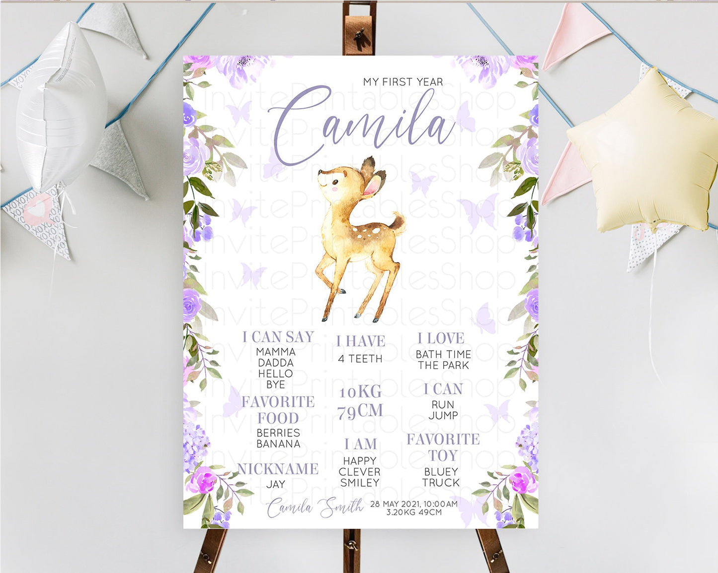 Fawn First Birthday Milestone Board Deer First Birthday Milestone Poster Enchanted Forest Butterfly Pastel Flowers 1st Birthday Sign D10916