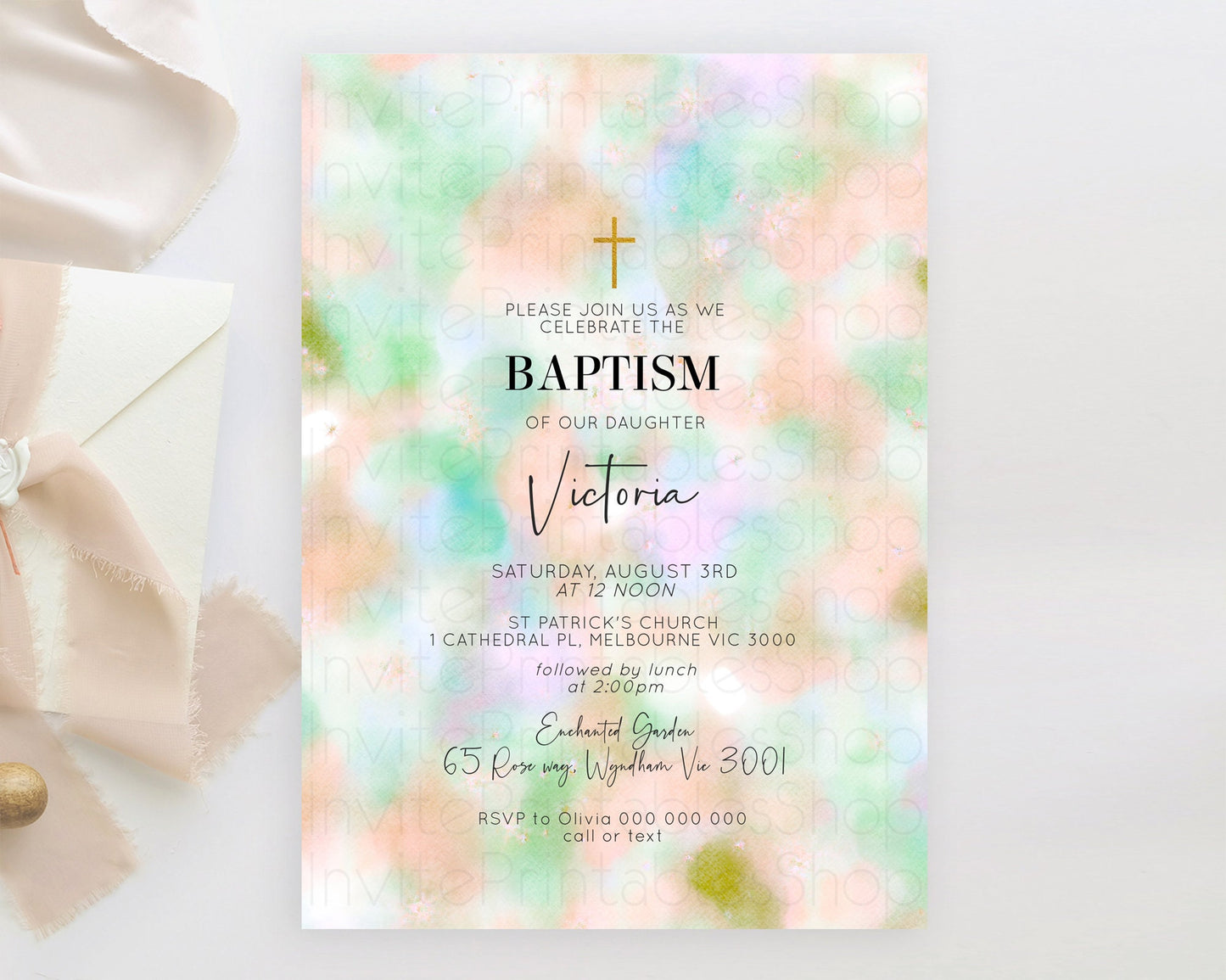 Pastel Baptism Invitation Pastel Colors Watercolor Baptism 1st Birthday Party Gold Ombre Pastel Rainbow Christening Holy Communion D10693