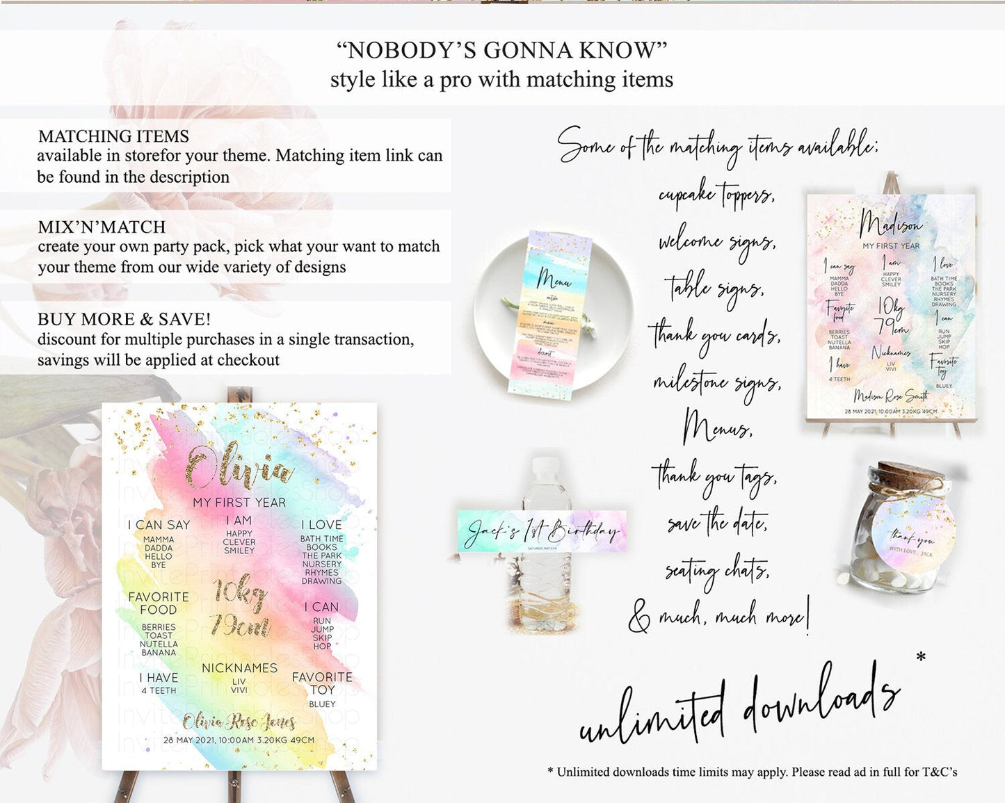 Pastel First Birthday Milestone Board Pastel Rainbow Milestone Poster Colorful Confetti Watercolor Glitter 1st Birthday Welcome Sign D10495