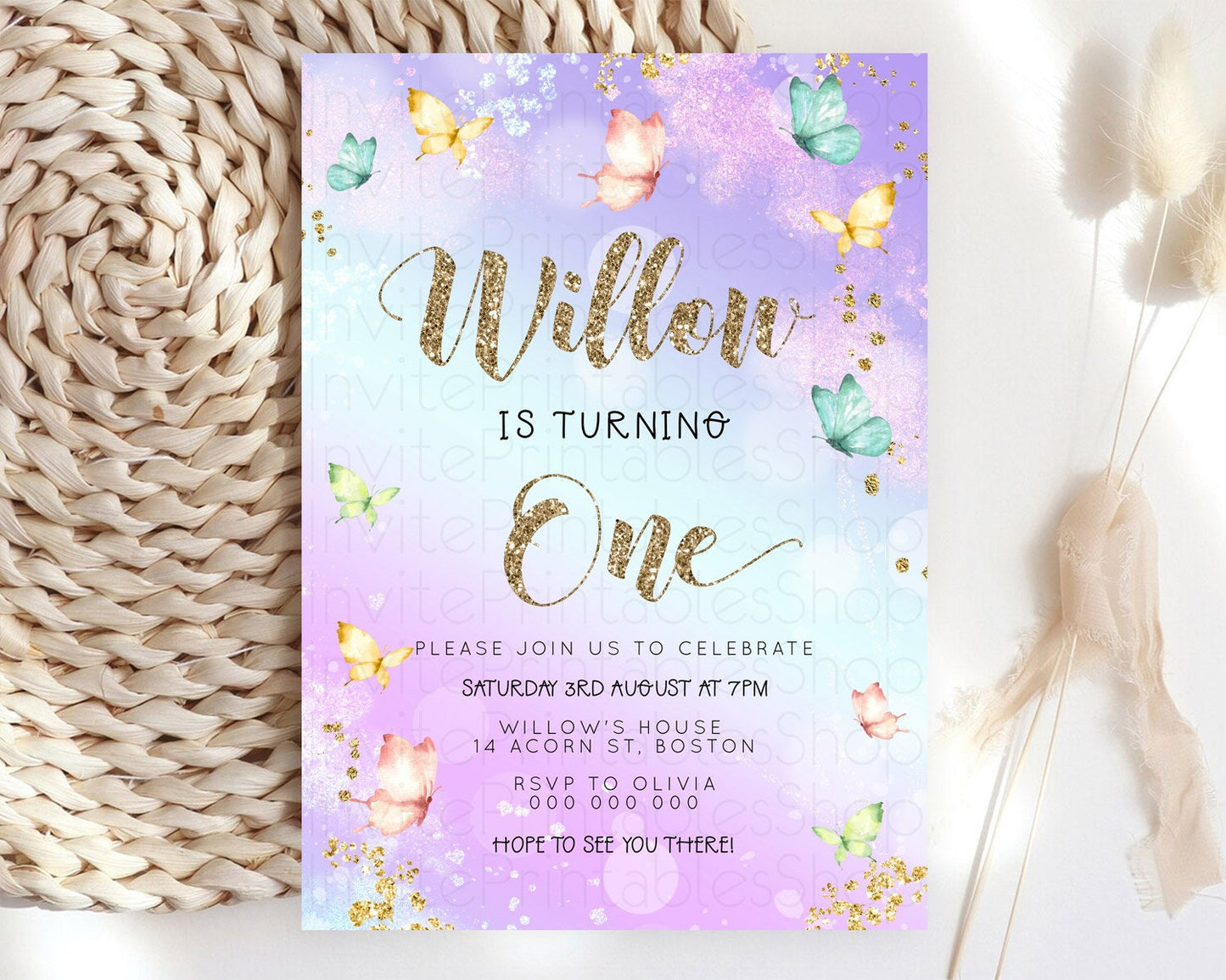 Pastel Butterfly Birthday Invitation Butterfly Birthday Invitation Colorful Splash Glitter Butterfly Garden 1st 2nd Birthday D23094