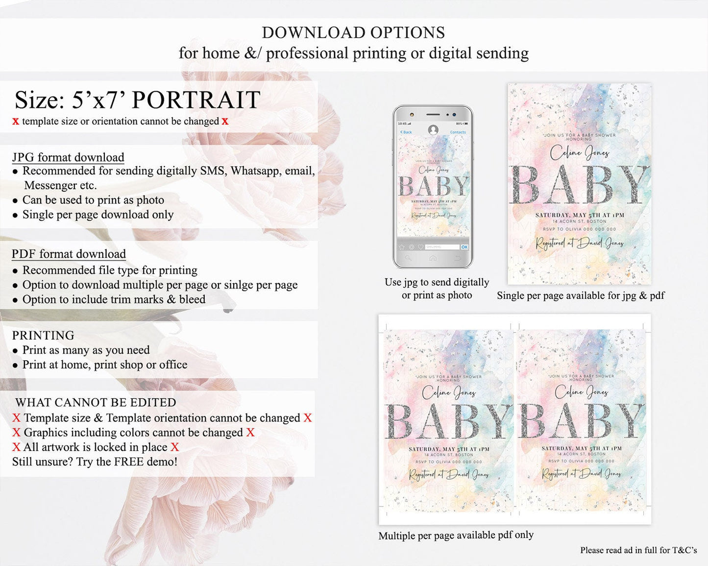 Pastel Rainbow Baby Shower Invitation, Colorful Watercolor Splash with Silver Confetti Sprinkles, Ombre Effect - Pink blue yellow D10945