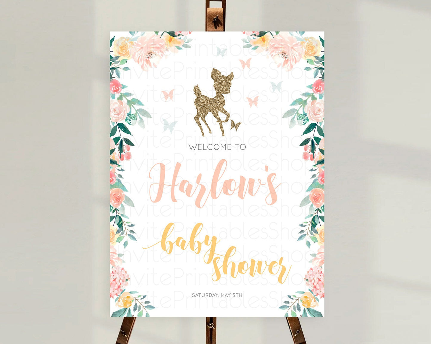 Fawn Baby Shower Welcome Sign Deer Welcome Board Floral Deer Welcome Poster Enchanted Forest Butterfly Pastel Floral Welcome Sign D10874