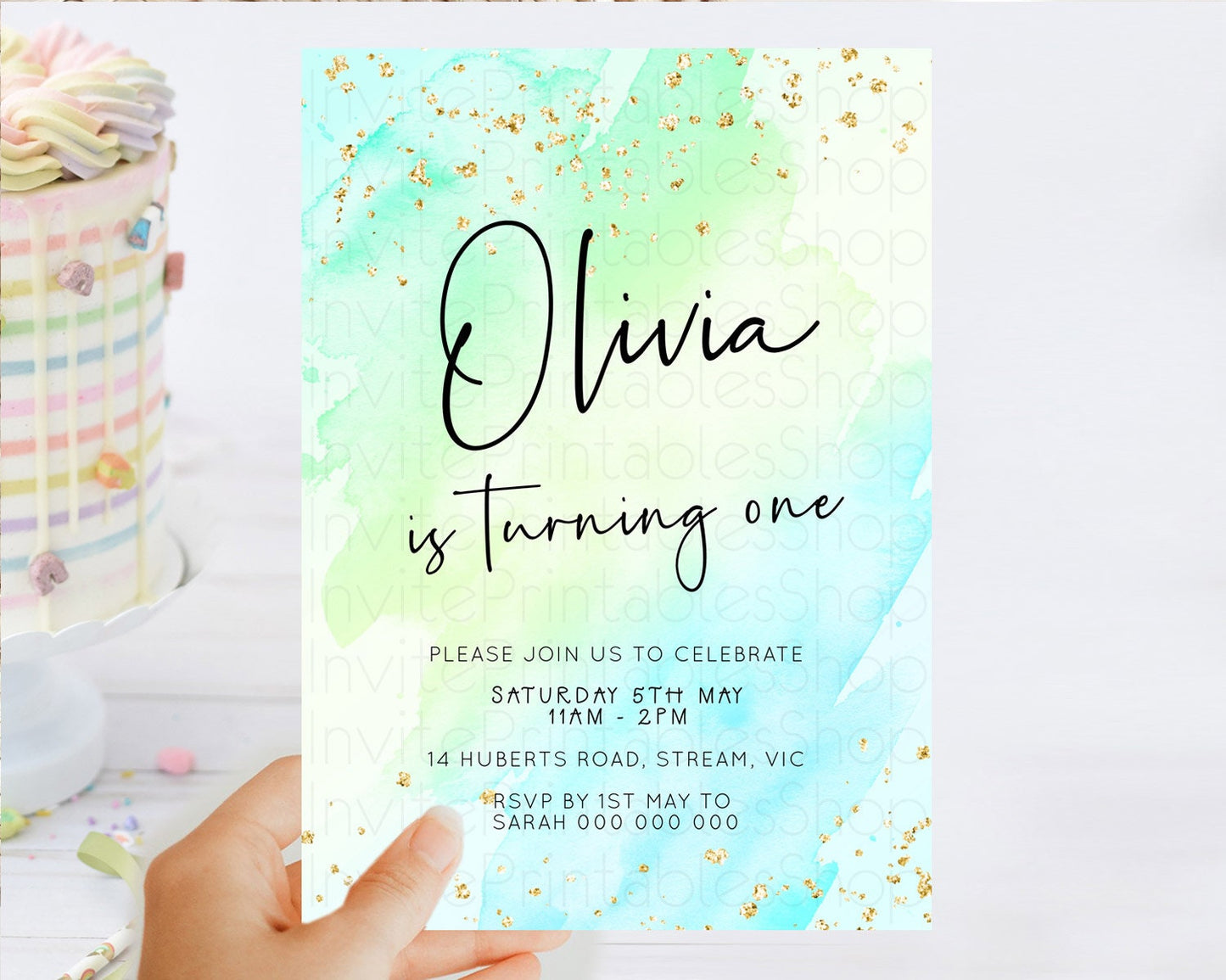 Green Birthday Invitation green Watercolor Invitation Pastel green Watercolor Invitation green Splash Gold Invitation First Birthday D23056