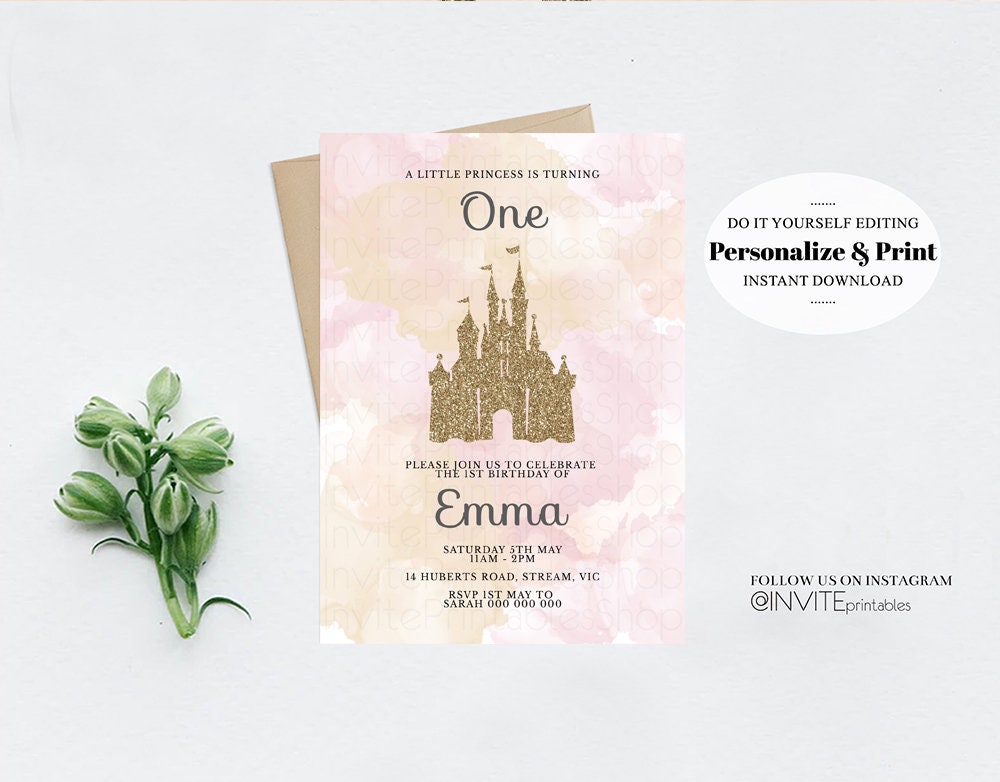 Princess Birthday Invitation Castle Invitation Disney Invitation Glitter Princess Invite Gold Pink Watercolor Invite Disney Castle Invite