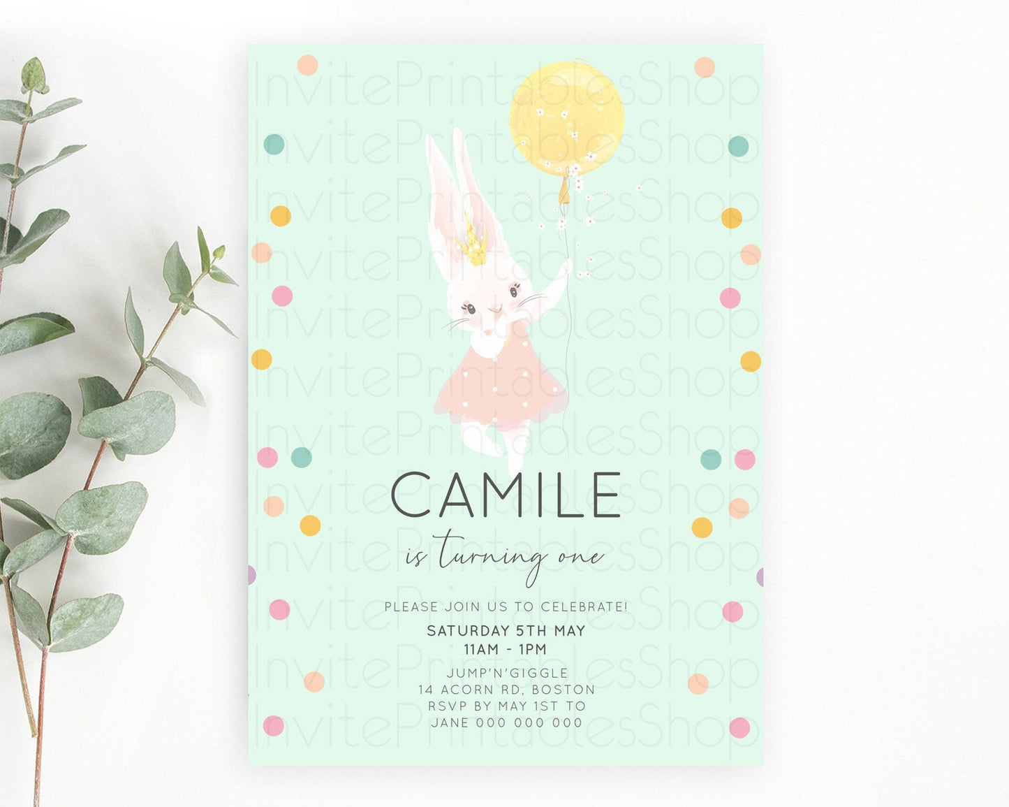 Bunny Birthday Invitation Pastel Bunny Invitation Bunny Balloon Invites Pastel Confetti Balloon Bunny Invites 2nd 1st First Birthday 199v5