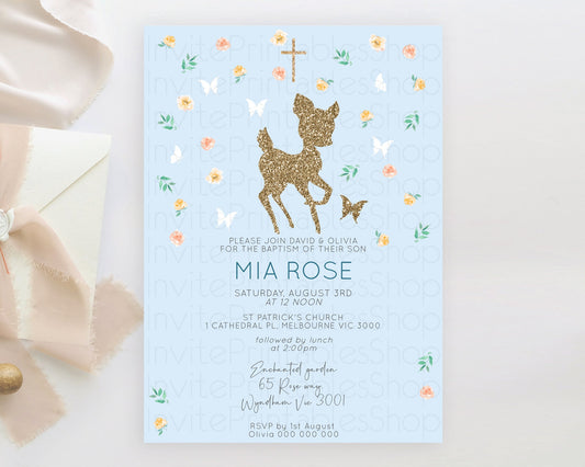 Fawn Baptism Invitation Deer Baptism 1st Birthday Invitation Enchanted Forest Christening Invitation Pastel Garden Butterfly Floral D10902