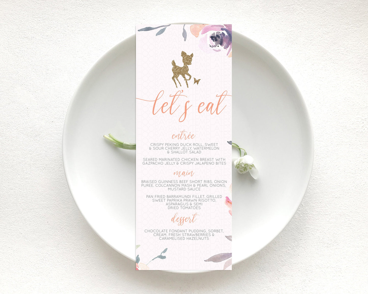 Fawn Menu Deer Menu Template Pastel Floral Deer Table Decor Enchanted Forest Butterfly Floral Dinner Dessert Menu Party Food Menu D10196