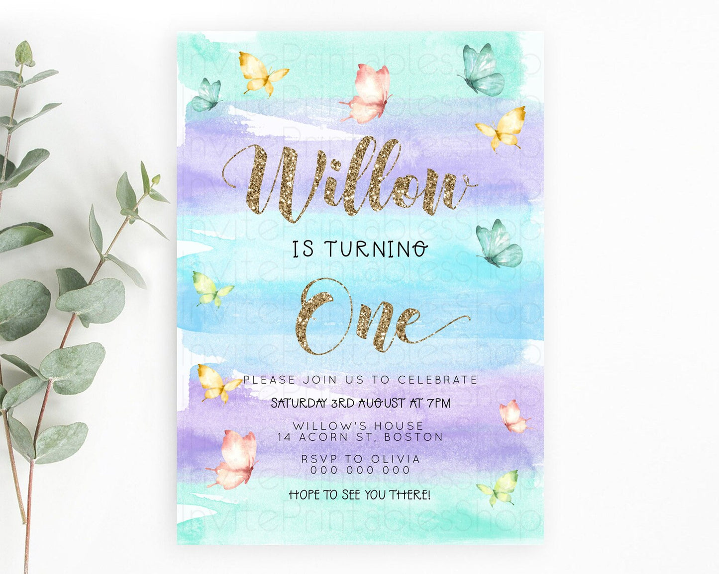 Pastel Butterfly Birthday Invitation Butterfly Birthday Invitation Colorful Splash Glitter Butterfly Garden 1st 2nd Birthday D23223