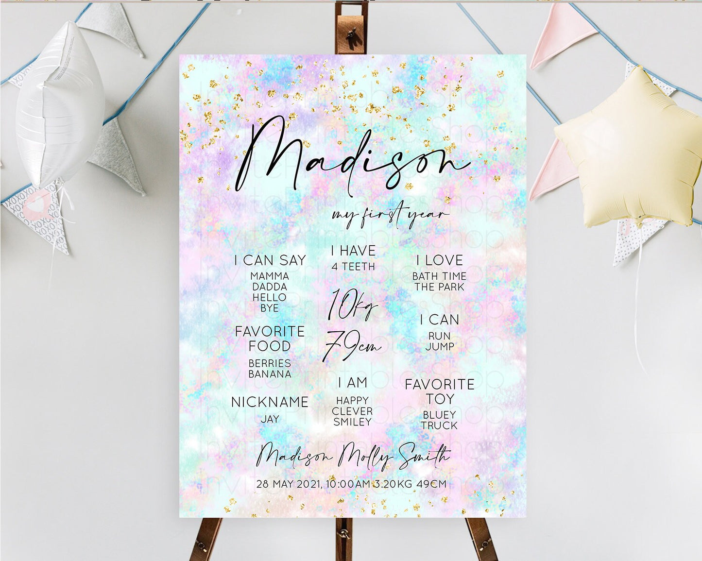 Pastel First Birthday Milestone Board Pastel Rainbow Milestone Poster Colorful Confetti Watercolor Glitter 1st Birthday Welcome Sign D10652