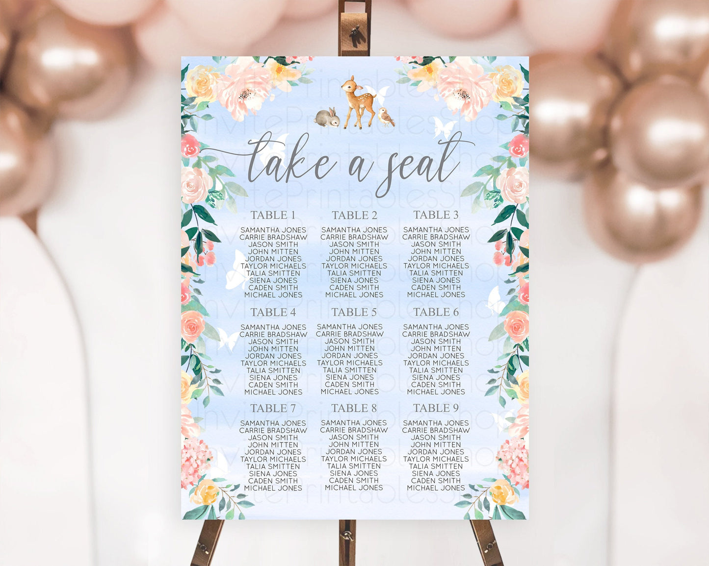 Fawn Seating Chart Deer Seating Chart Enchanted Forest Party Butterfly Pastel Flowers Whimsical Seating Chart Woodland Seating Sign D10920