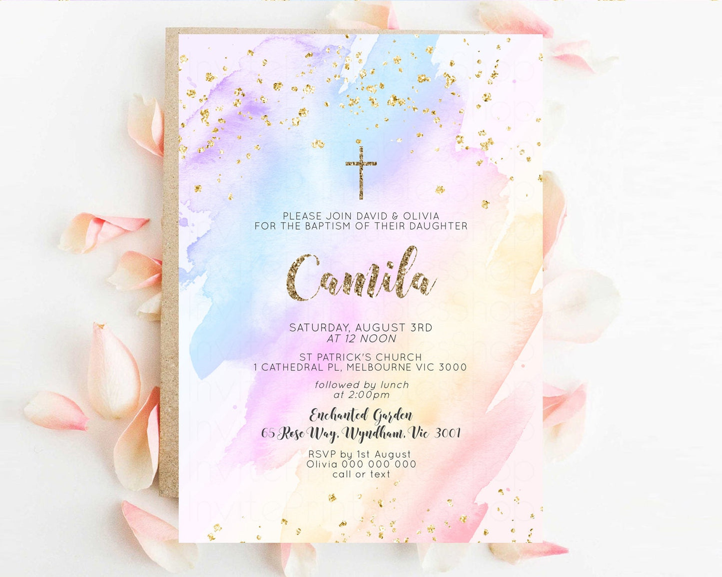 Rainbow Baptism Invitation Pastel Christening Invitation Holy Communion Invitation Glitter Watercolor Splash Invitation Colorful Invite g600