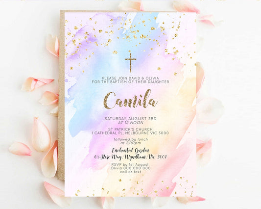 Rainbow Baptism Invitation Pastel Christening Invitation Holy Communion Invitation Glitter Watercolor Splash Invitation Colorful Invite g600