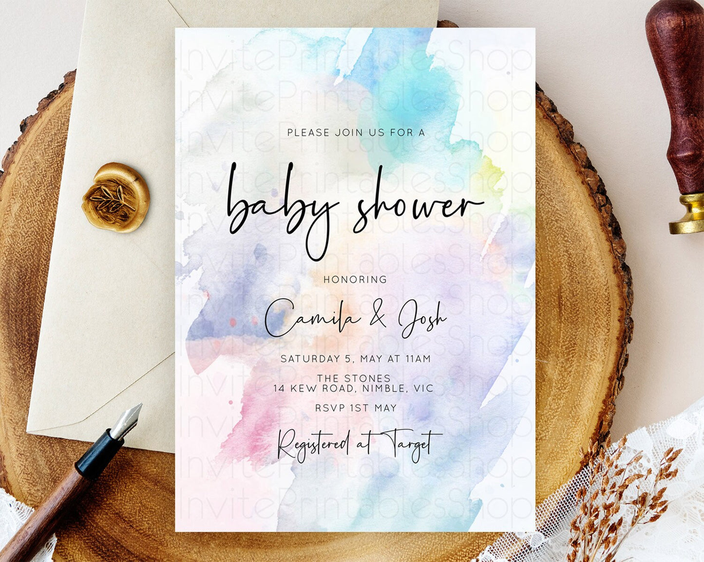 Pastel Baby Shower Invitation Rainbow Baby Shower Invitation Colorful Pastel Watercolor Invitation Gold Glitter Sprinkles Ombre D10585