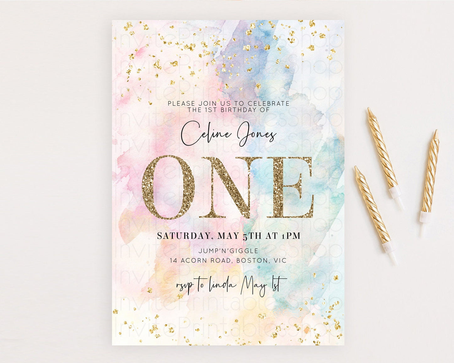 Rainbow Birthday Invitation Colorful Pastel Watercolor Invitation Gold Glitter Sprinkles Ombre Pastel 1st 2nd 3rd Birthday D10263