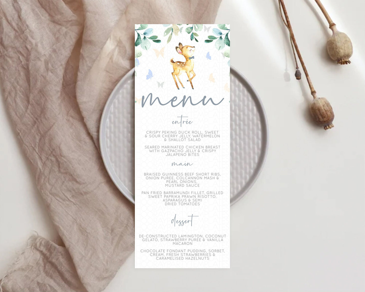 Fawn Menu Deer Menu Template Pastel Floral Deer Table Decor Enchanted Forest Butterfly Floral Dinner Dessert Menu Party Food Menu D10767