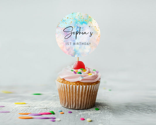Editable Rainbow Cupcake Toppers Pastel Cupcake Toppers Colorful Pastel Wate