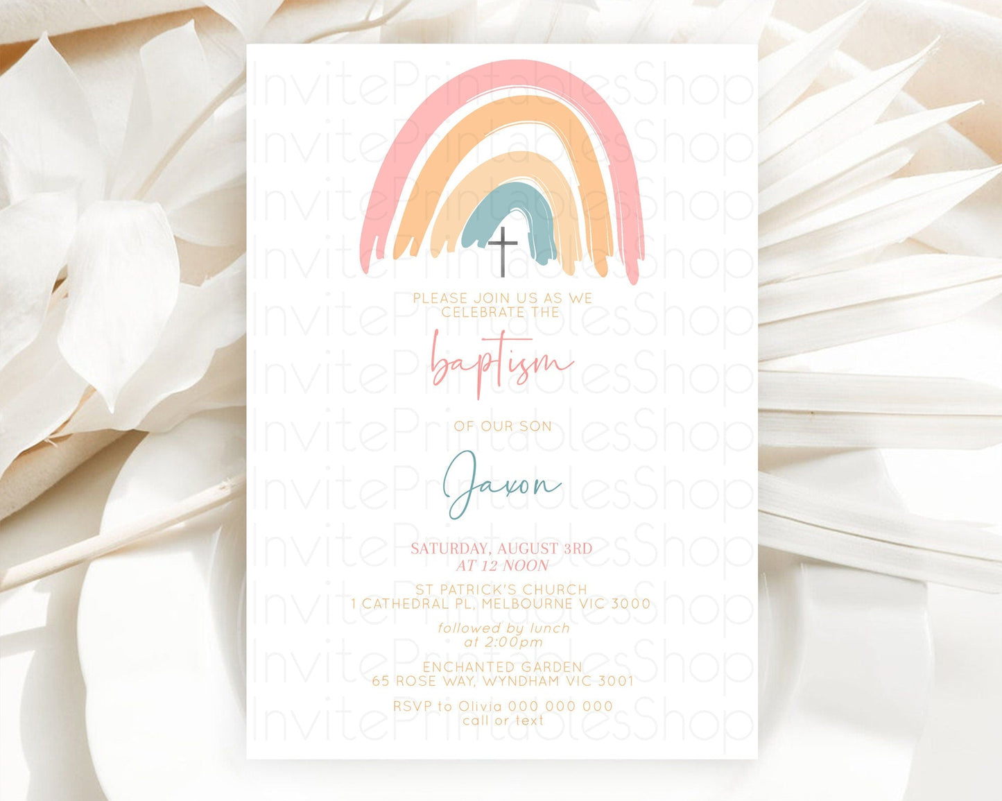 Pastel Rainbow Baptism Invitation Boho Rainbow Baptism 1st Birthday Invitation Rainbow Pastel Watercolor Christening Invitation D10351