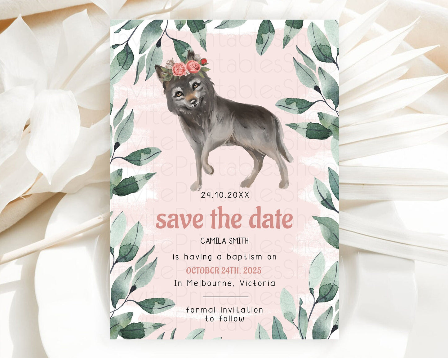 Wolf Save The Date Template Pastel Floral Wolf Party Forest Adventure Wilderness Theme 1st Birthday Baptism Christening Baby Shower D10535