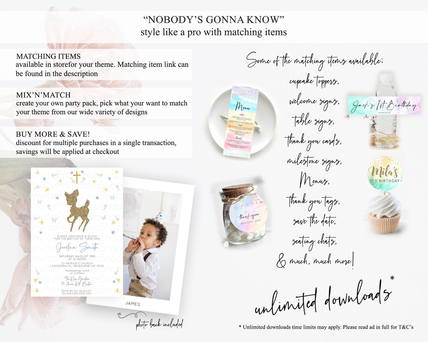 Fawn Baptism Invitation Deer Baptism 1st Birthday Invitation Enchanted Forest Christening Invitation Pastel Garden Butterfly Floral D10360