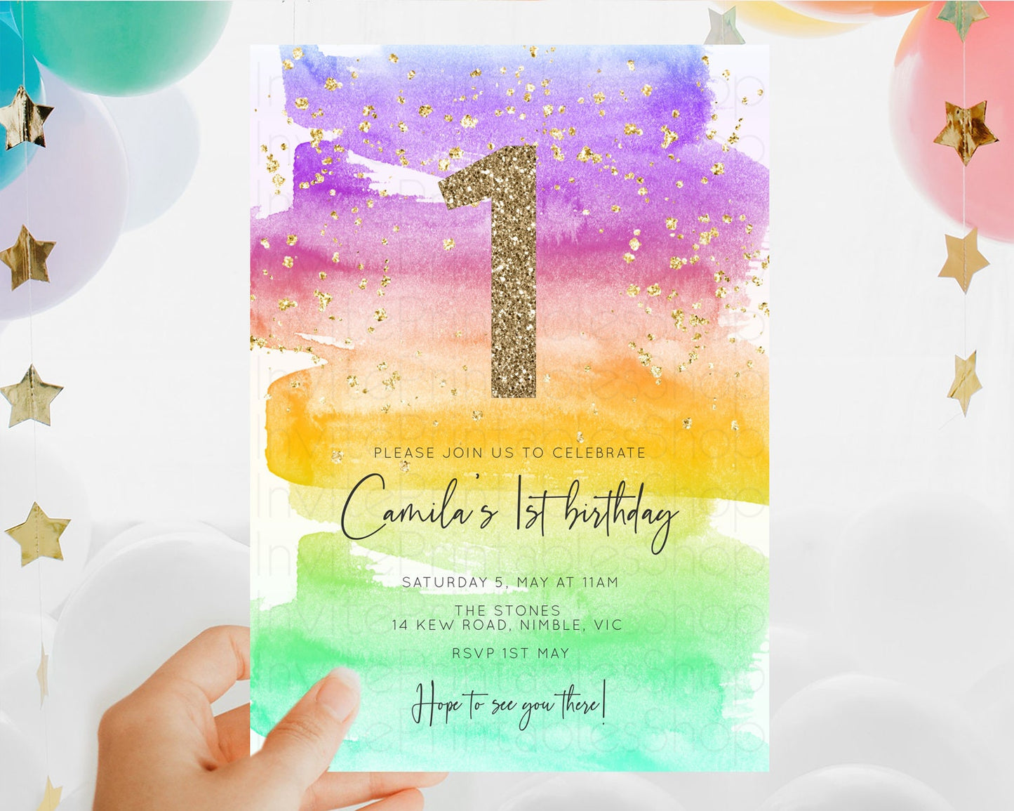 Rainbow Birthday Invitation Colorful Pastel Watercolor Invitation Gold Glitter Sprinkles Ombre Pastel 1st 2nd 3rd Birthday D10524